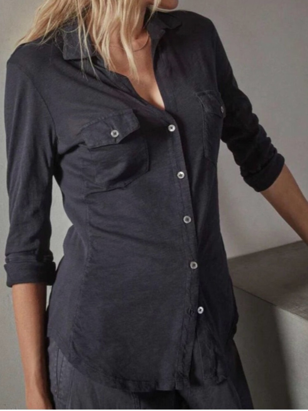 James Perse Standard Sheer Slub Side Panel Shirt Black Tab 3/4 Sleeve Size 1